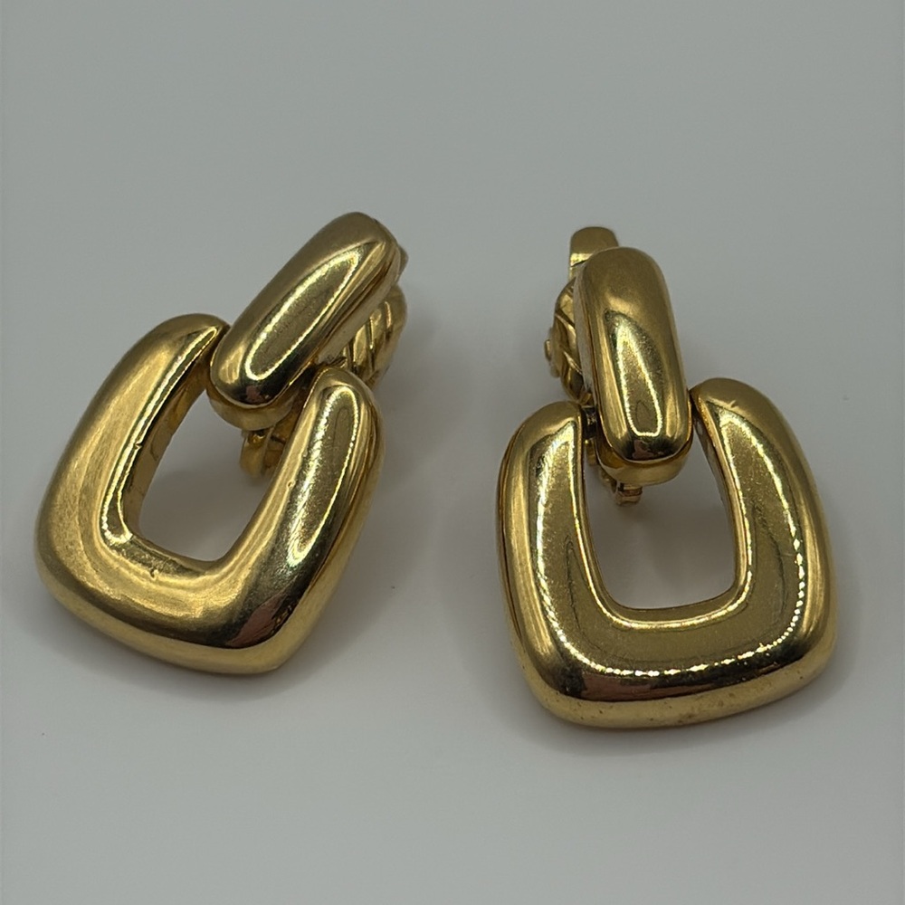 Trifari Gold-Tone Square Door Knocker Earrings Minimalist Style - Picture 2 of 5